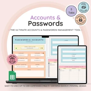 Google Sheets Accounts Tracker Passwords Tracker Spreadsheet Template with Organiser Password List & Log