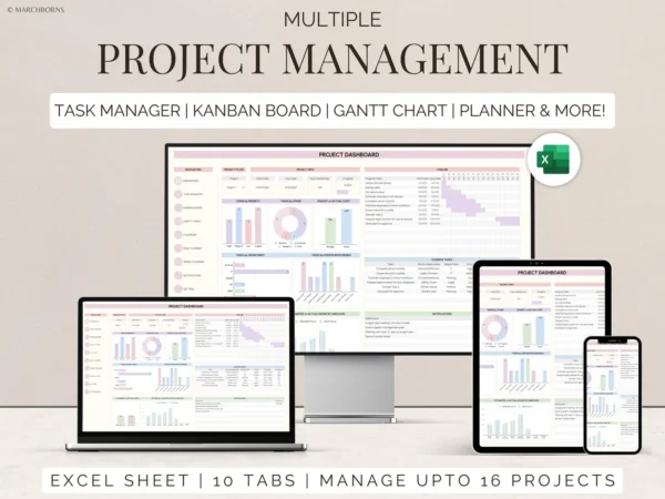 Small Business Project Management Tool: Task Tracker and Project Planner To-Do List Format Excel Gantt Chart for Business Planning and Kanban Board