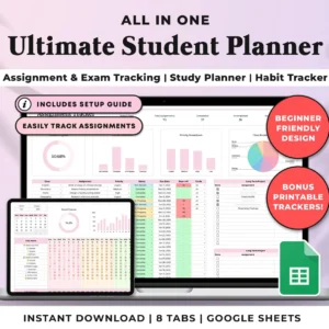 Spreadsheet for Academic Student Planning, Tracker for School Assignments  Google Sheets, University Planner, Excel College Study Tracker Template
