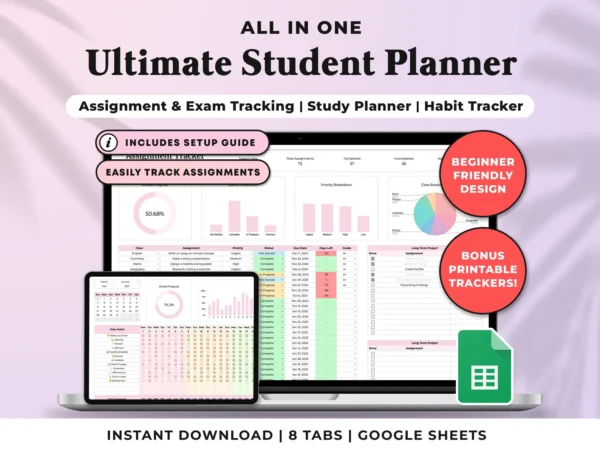 Spreadsheet for Academic Student Planning, Tracker for School Assignments  Google Sheets, University Planner, Excel College Study Tracker Template