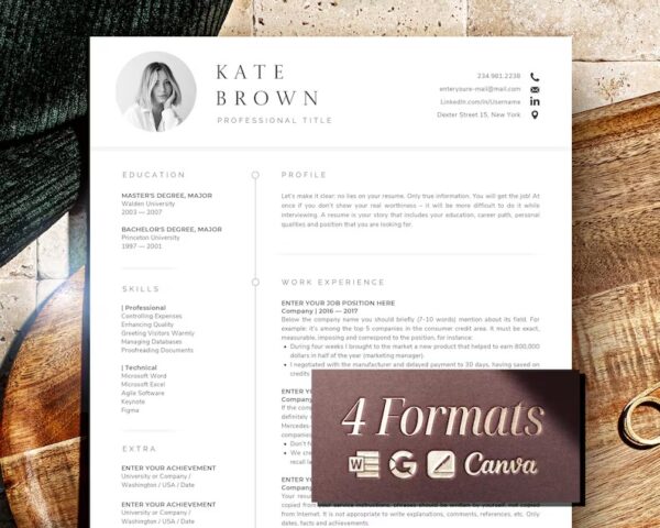 Canva Resume Template with Cover Letter, One-Page CV Template + Two-Page Canva Resume, Professional Minimalist CV with Photo