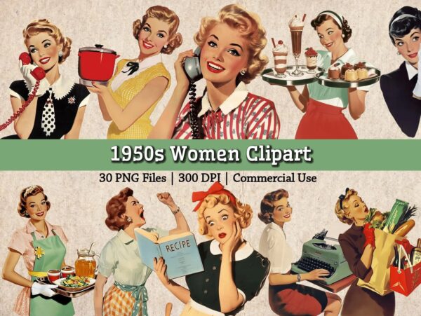 Retro 1950s Ladies Housewife PNG Housekeeping Homemaking Clipart Junk Journal Collage Vintage 1950s Women Image Bundle Printable