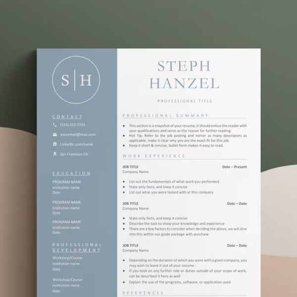 Word Resume Template with Monogram Professional Student CV Academic Modern Resume Template One or Two Pages Google Docs CV